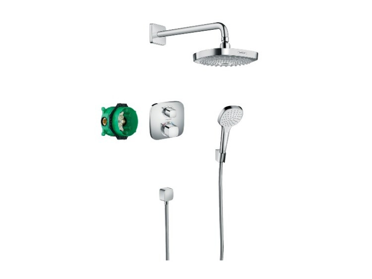 Душевой набор, Hansgrohe, Croma Select E, смеситель-есть, тип регулирования воды-термостатический картридж, верхний душ-есть, форма верхнего душа-квадратная, размер верхнего душа-187*187, держатель верхнего душа-есть, вынос, мм-389, количество режимов вер