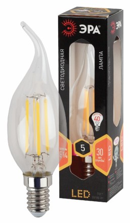 Лампа светодиодная филаментная ЭРА E14 5W 2700K свеча на ветру прозрачная F-LED BXS-5W-827-E14