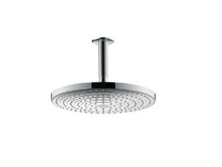 Верхний душ, Hansgrohe, Raindance Select S, тип установки-потолочный, размер душевого диска, мм-300*300, форма-круглая, количество режимов-2, тип струи-Rain, RainAir, держатель-есть, размер держателя-100, цвет-хром