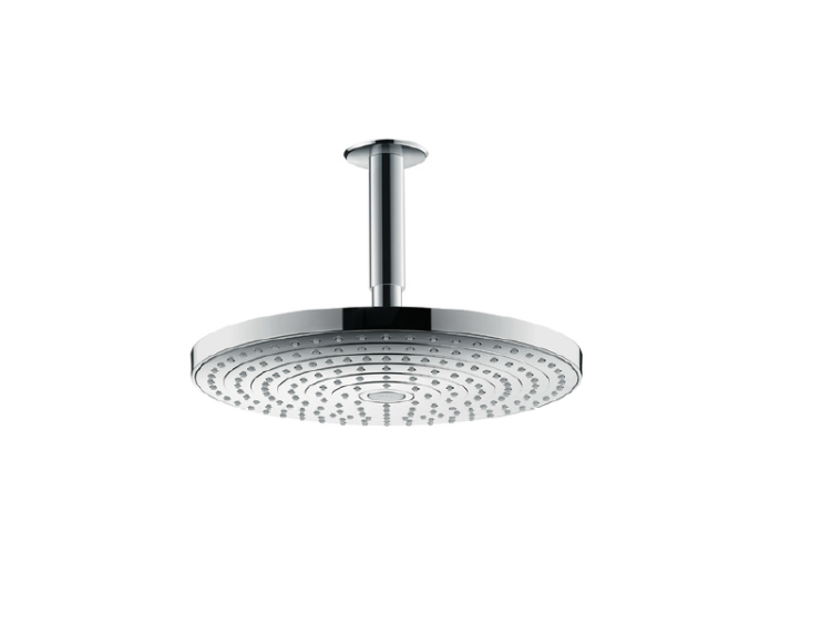 Верхний душ, Hansgrohe, Raindance Select S, тип установки-потолочный, размер душевого диска, мм-300*300, форма-круглая, количество режимов-2, тип струи-Rain, RainAir, держатель-есть, размер держателя-100, цвет-хром
